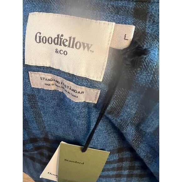 GOODFELLOW NWT LONG SLEEVE BUTTON UP BLUE AND BLACK PLAID MENS LARGE - Picture 7 of 9